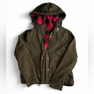 Olive Hooded Jacket with Red Plaid Lining